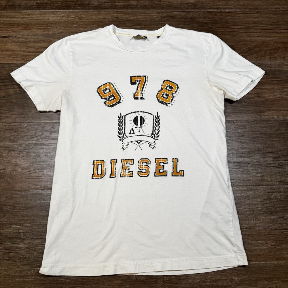 Diesel 978 Graphic T Shirt Mens Medium White Distressed Logo Tee Cotton